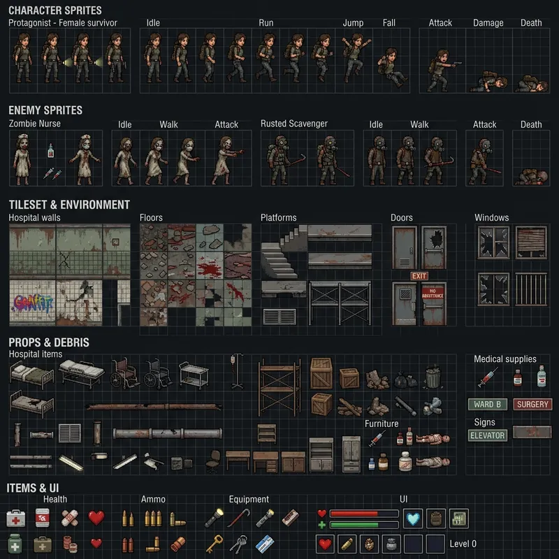 Abandoned Hospital Pixel Art Sprite Sheet for Games Abandoned Hospital Pixel Art Sprite Sheet for Games