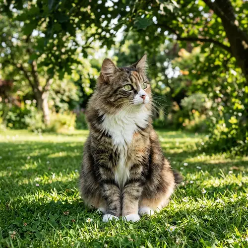 Colorful Furry Cat Sitting on Green Lawn