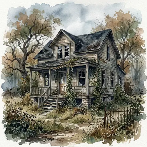 Abandoned House Watercolor Art | Evocative Vintage Scene