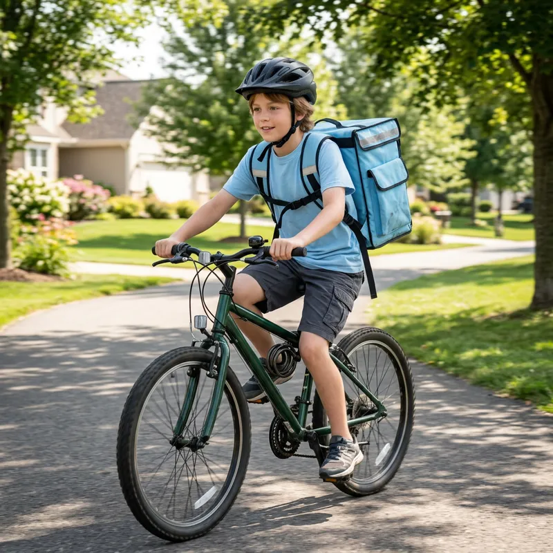 Cute Boy Cycling with Light Blue Delivery Bag Cute Boy Cycling with Light Blue Delivery Bag