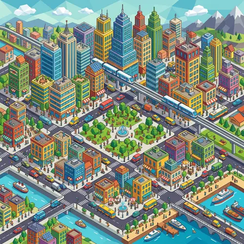 Vibrant Isometric Cityscape in 3D Perspective