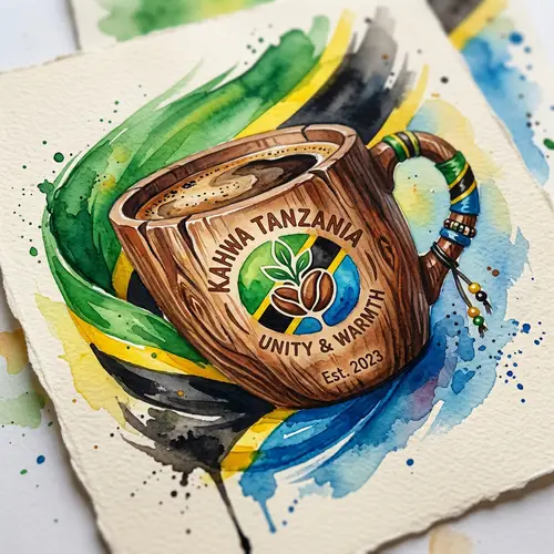 Wooden Coffee Cup Logo with Tanzanian Flag Colors | Cultural Symbolism