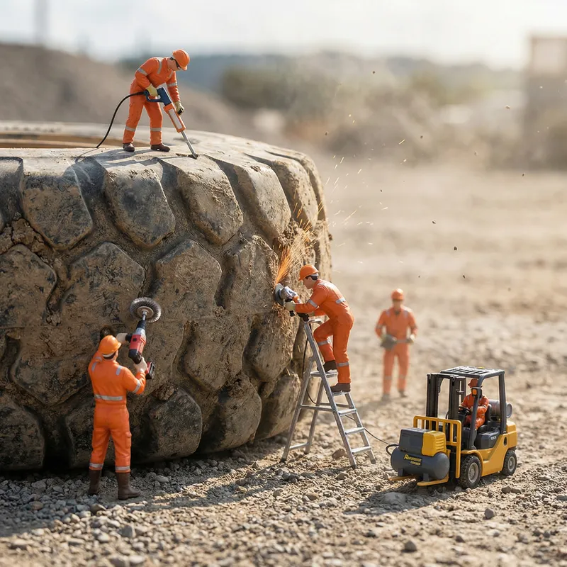 Mini Workers Repairing a Giant Tire Mini Workers Repairing a Giant Tire