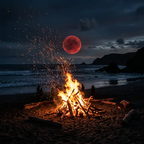Eerie Beach Bonfire Under Red Full Moon
