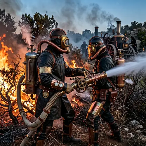 Brave Steampunk Firefighter Faces Raging Blaze