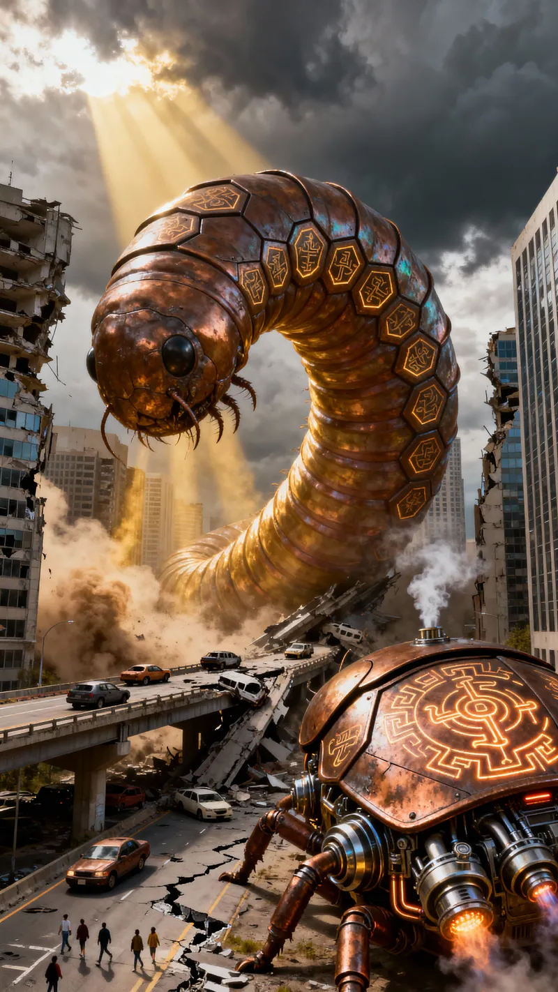 Colossal Metallic Earthworm Destroys Cityscape