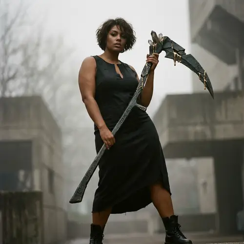 Curvy Beauty in Black Dress with Scythe