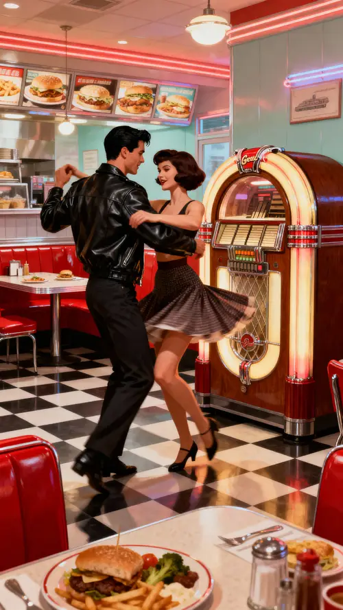 Retro 50s Restaurant Scene with Dancing & Jukebox