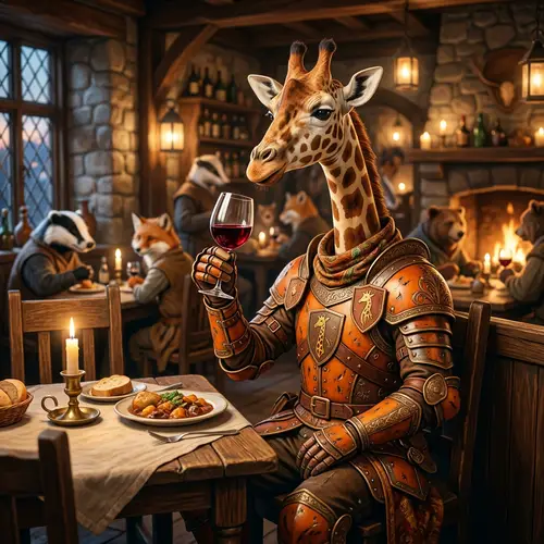 Cartoon Giraffe in Armor Enjoying a Fine Wine