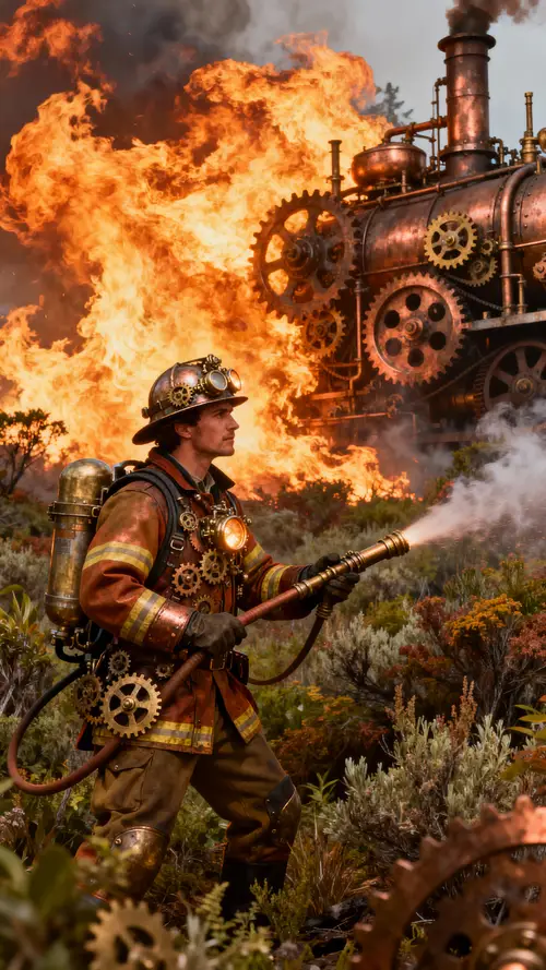 Brave Steampunk Firefighter Faces Raging Blaze