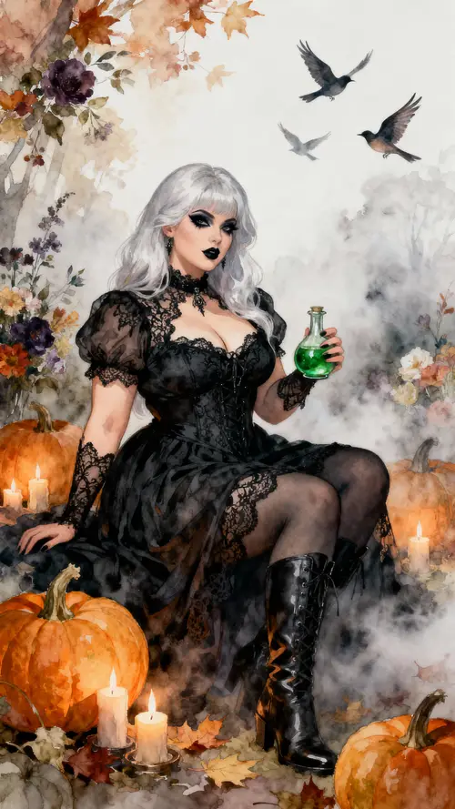 Gothic Witch in Autumn Watercolors