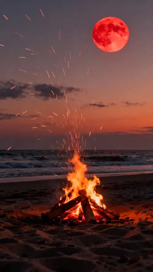 Eerie Beach Bonfire Under Red Full Moon