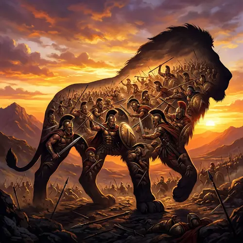 Surreal Lion Art - Mythological Warriors in Sunset