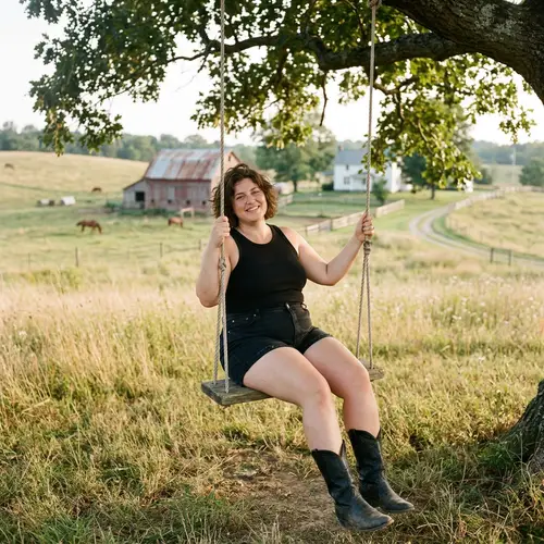Curvy Beauty on a Swing in a Farm Field
