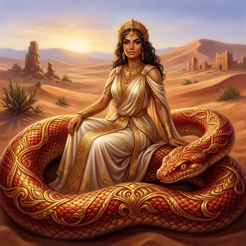 Mediterranean Woman on a Colorful Snake Artwork Mediterranean Woman on a Colorful Snake Artwork