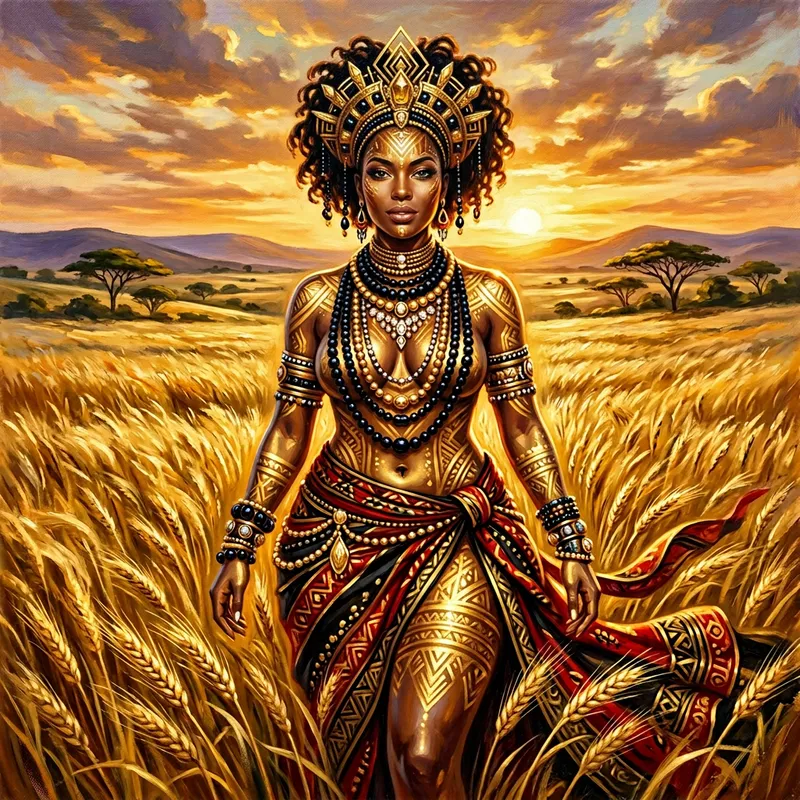 Mediterranean Woman in Golden Wheat Field - Futurism Art