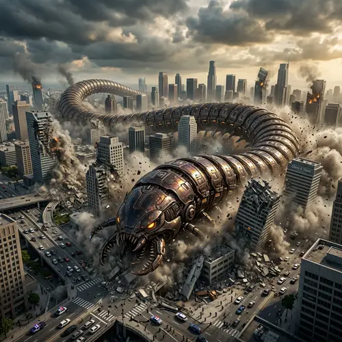 Colossal Metallic Earthworm Destroys Cityscape