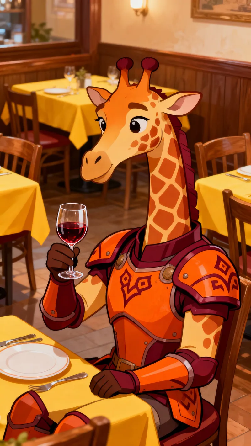 Cartoon Giraffe in Armor Enjoying a Fine Wine