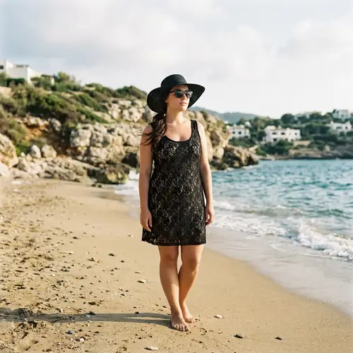 Stunning Brunette in Black Lace by the Mediterranean Beach