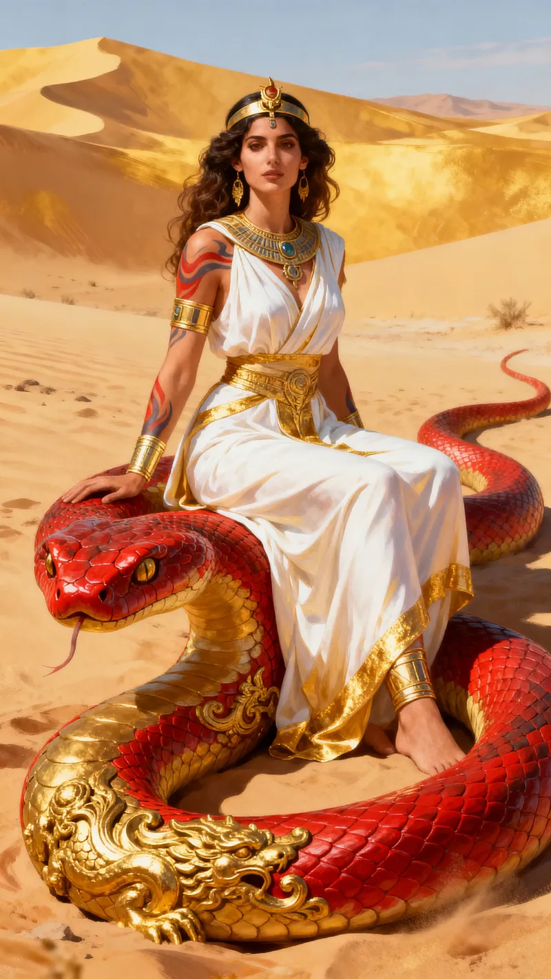Mediterranean Woman on a Colorful Snake Artwork