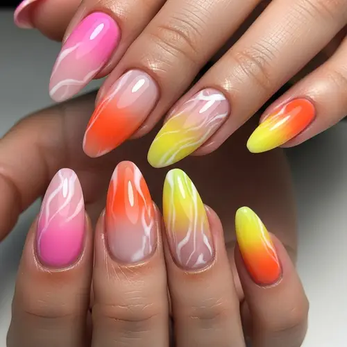 Elegant Pink, Orange, Yellow Nail Design