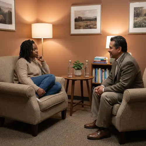 Serene Psychotherapy Session with Black Female Client and Hispanic Male Therapist
