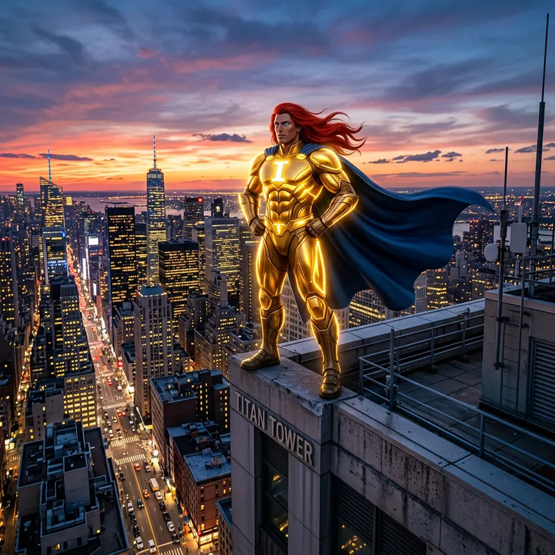 The Invincible Superhero Protecting a Bright Cityscape - A powerful superhero overlooking a bustling city The Invincible Superhero Protecting a Bright Cityscape - A powerful superhero overlooking a bustling city
