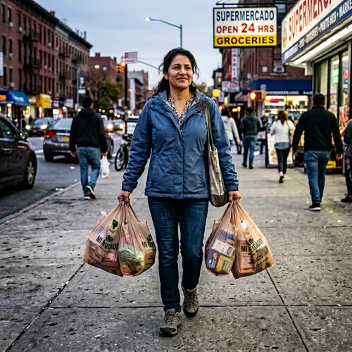 Realistic Hispanic Woman Heroically Carrying Grocery Bags