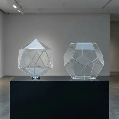 Geometric Glass Sculptures: Icosahedron & Dodecahedron on Modern Pedestal