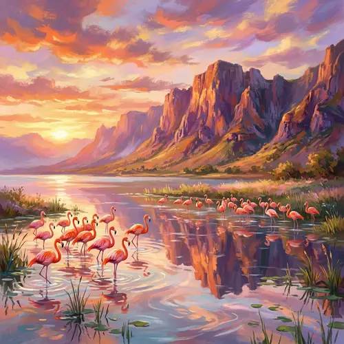Mystical Lake at Sunset with Flamingos and Dramatic Escarpment