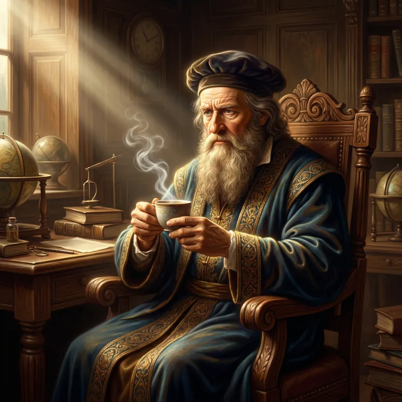 Elegant Scholar with Steaming Tea | Baroque-Inspired Portrait Elegant Scholar with Steaming Tea | Baroque-Inspired Portrait