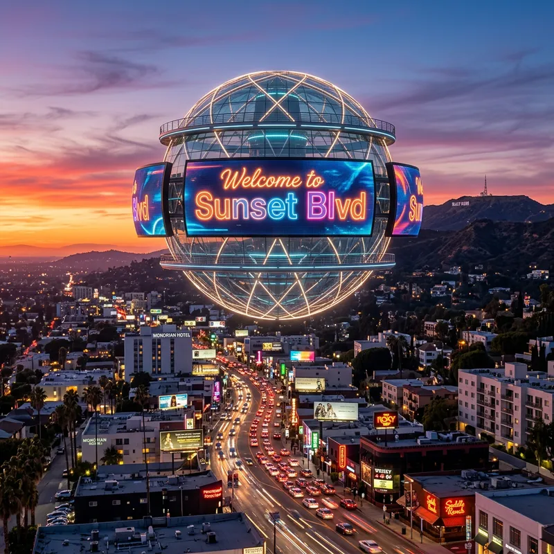 Futuristic Glass Sphere | Sunset Blvd | Cyberpunk Cityscape Futuristic Glass Sphere | Sunset Blvd | Cyberpunk Cityscape