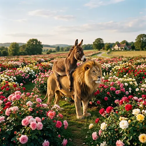 Vibrant Roses Field with Lion and Donkey Scene