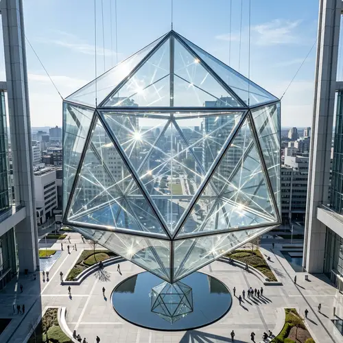 Clear Glass Icosahedron Installation | Minimalistic Art Style