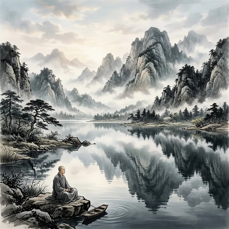 Serene Mountain Landscape - Tranquility Inspired by Chinese Ink Painting