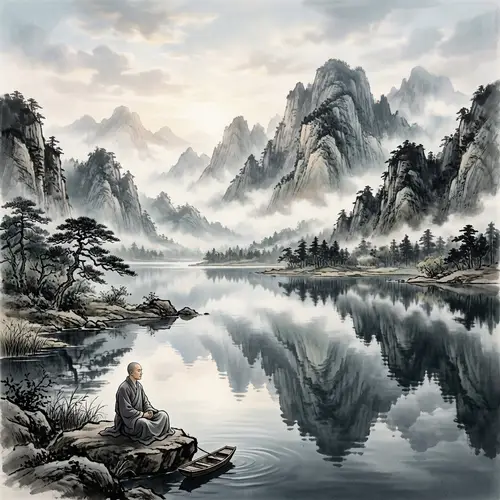 Serene Mountain Landscape - Tranquility Inspired by Chinese Ink Painting