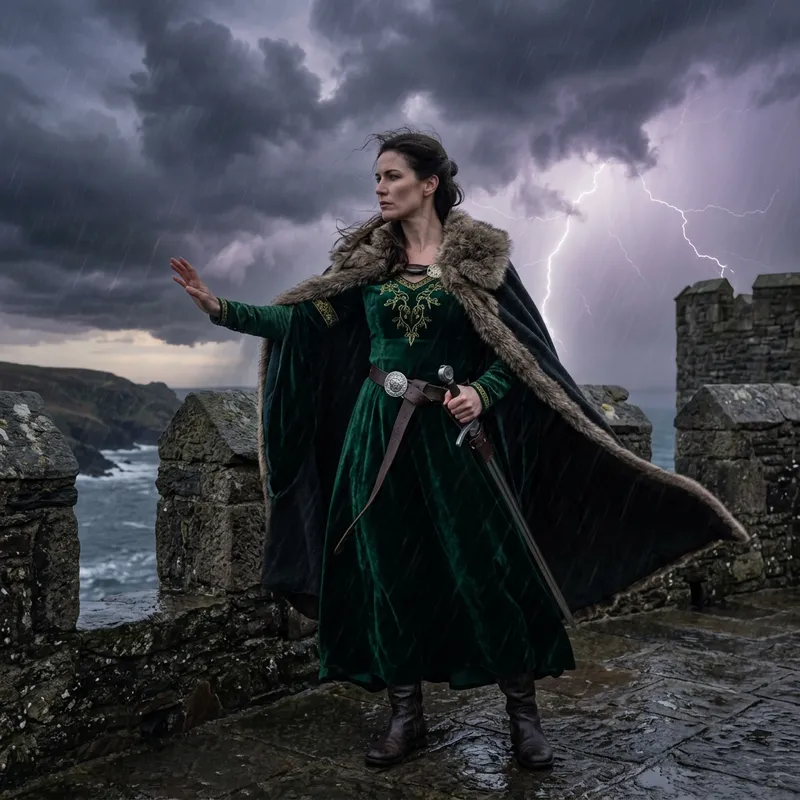 Noble Woman Embracing Transformation Amidst Wind and Thunder