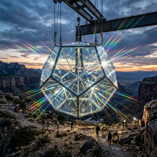Massive 50-Feet Tall Clear Glass Dodecahedron | Stunning Illuminated Scene