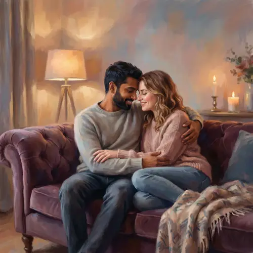 Romantic Embrace on a Plush Couch | Digital Art