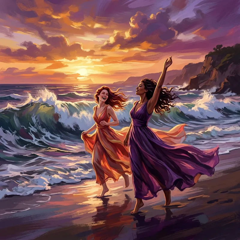 Dynamic Beach Scene at Sunset | Captivating Art