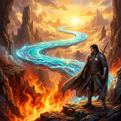 Mystical Landscape: Flowing Stream Above Raging Fire