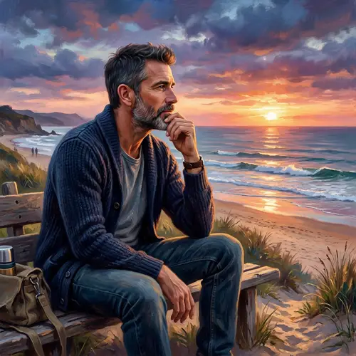 Middle-Aged Man Enjoying Sunset by the Beach