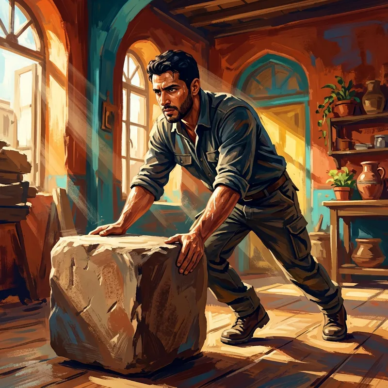 Perseverance and Achievement: Digital Painting of a Determined Middle-Eastern Man Overcoming an Obstacle in a Vibrant Room