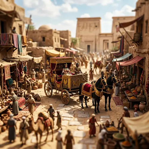 Majestic Egyptian-Inspired Chariot in Miniature Marketplace Scene