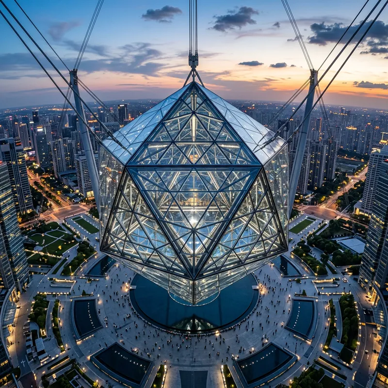 Futuristic Glass Geometric Installation - 4K Drone Shot