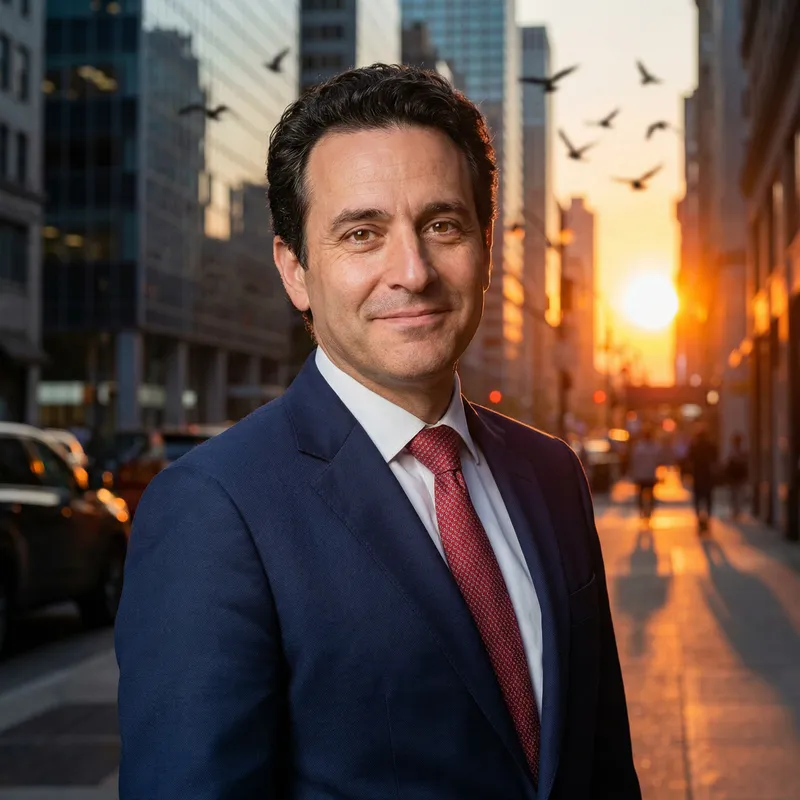 Joe Shooshani in Navy Blue Suit with Red Tie