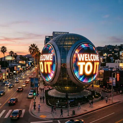 Large Sphere with Concave LED Billboards on Sunset Blvd | West Hollywood, CA