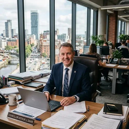 Middle-Aged City Council Member in Formal Suit at Desk