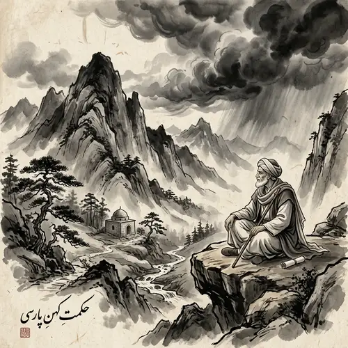 Ancient Persian Wisdom in Serene Mountain Landscape