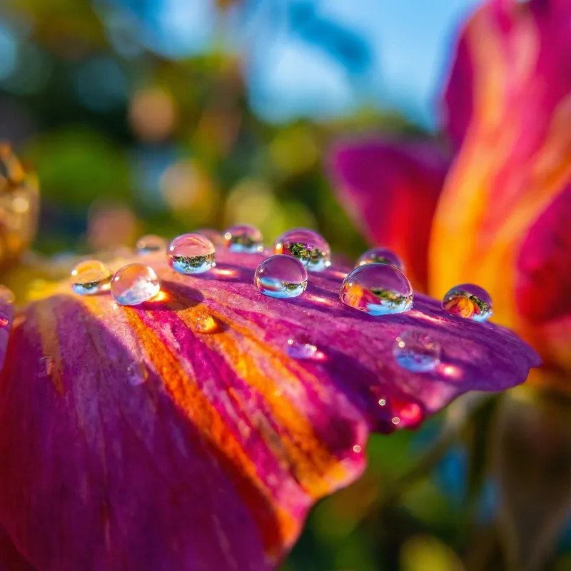 Colorful Water Droplets on Flower Petals - Macro Photography